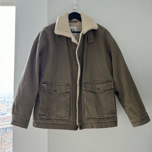 Zara Double Faced Cotton Jacket with Faux Shearling - Picture 3 of 7